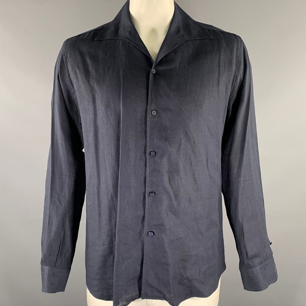 CAPRI Size XL Navy Linen Camp Long Sleeve Shirt
